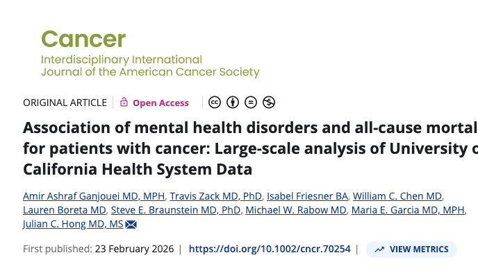 Association of mental health disorders and all-cause mortality for patients with cancer: Large-scale analysis of University of California Health System Data